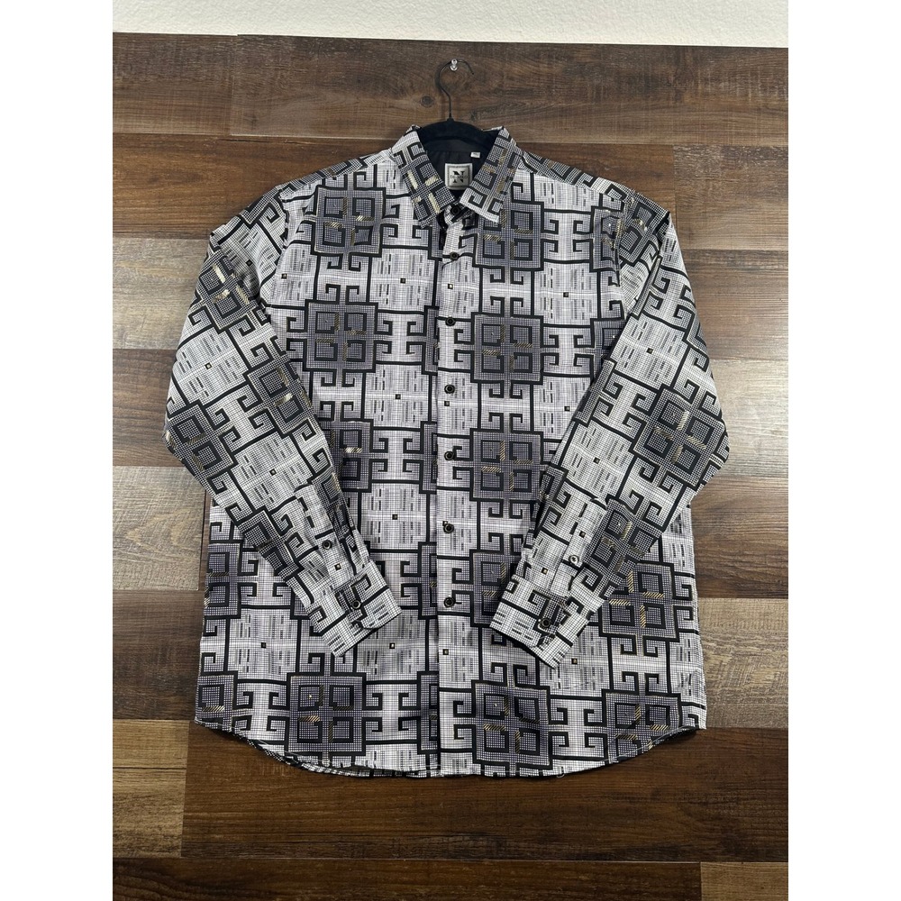 De-Niko Mens XL Geometric Greek Key Print Button Down Shirt Gold Foil Accents